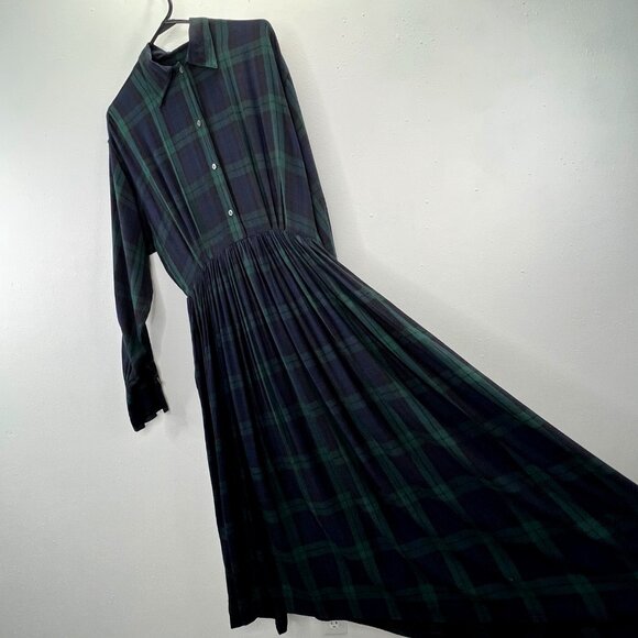 Vintage Ralph Lauren Shirt Dress 14 Tartan Plaid Blue Green Maxi Button FLAWS - Picture 4 of 10